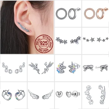 

BISAER 925 Sterling Silver Circle Licorne Tree Leaves Snowflake Butterfly Stud Earrings Women Fashion Earrings Jewelry brincos