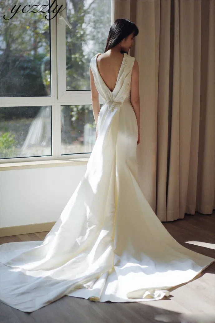 Vestidos De Novia простой с высоким воротом аппликации Бисер атласное длинное платье-Русалка свадебное платье размера плюс; обувь под свадебное платье для невесты Gelinlik W21