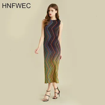 

new 2020 fahison pleated irregular Gradient Stripe Dress all-match spring summer women's elastic sleeveless dress Y437