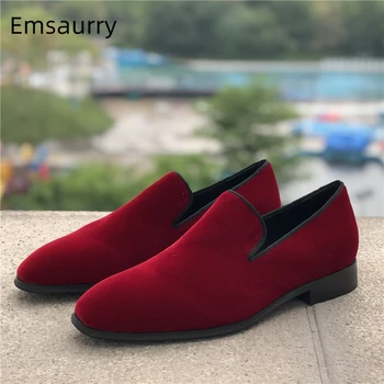 

Concise Claret Flock Casual Loafers Sexy Round Toe Slip-on Flat Shoes Chic Spring Autumn Dress Shoes For Men