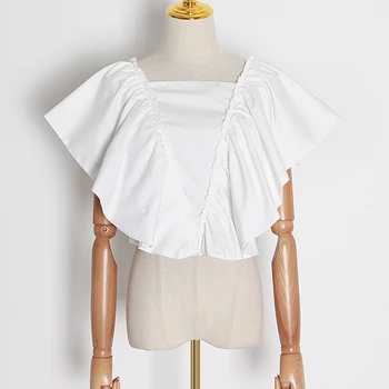 

Women Ruffles Crop Blouse Butterfly Sleeve Short Ruched Casual Shirt Tops