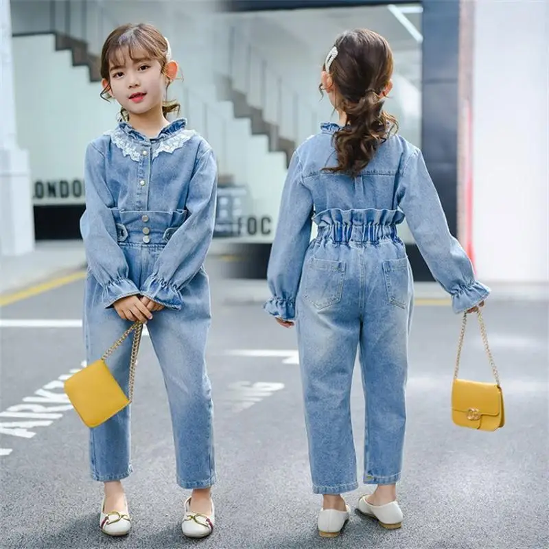 

2019 Girls denim clothing Spring Autumn New Features Spray White Denim Stand Collar High Waist Denim Sets
