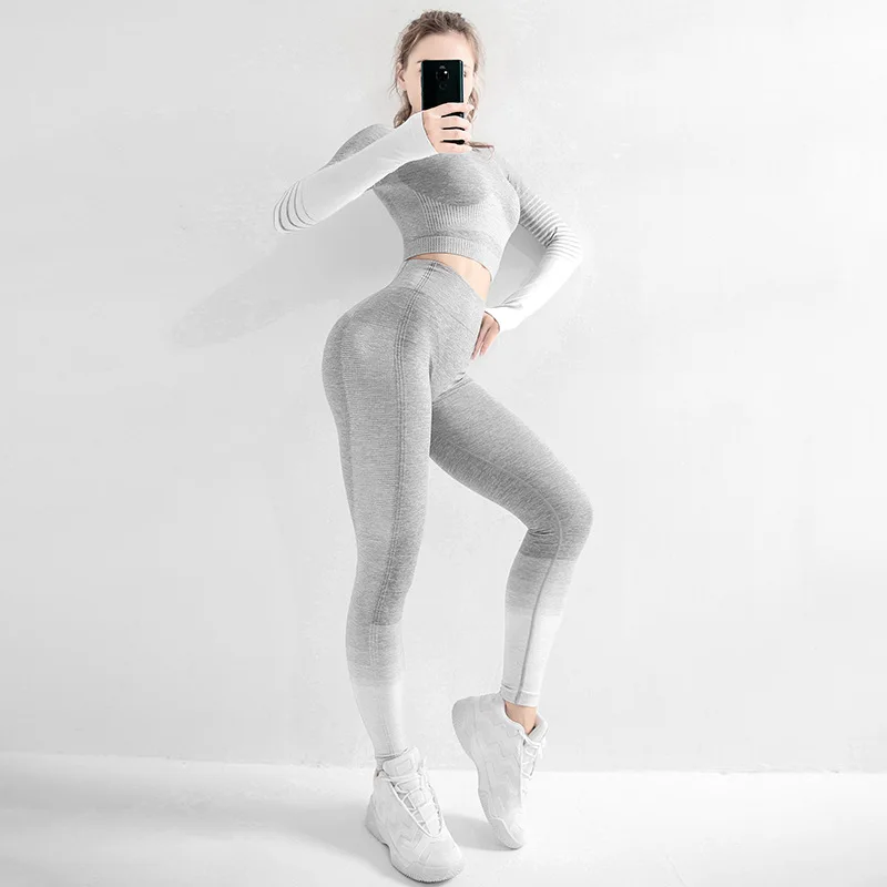 gray white set Женский бесшовный комплект для йоги, тренировочная одежда для спортзала, укороченный Топ с длинным рукавом для фитнеса+ Бесшовные Леггинсы с высокой талией, спортивные костюмы, комплекты для йоги - Цвет: gray white set
