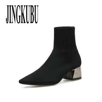 

JINGKUBU Fashion Knitted Stretch Fabric Sewing Women Ankle Boots High Heels Square Heels Winter Pointed Toe Ladies Sock Boots