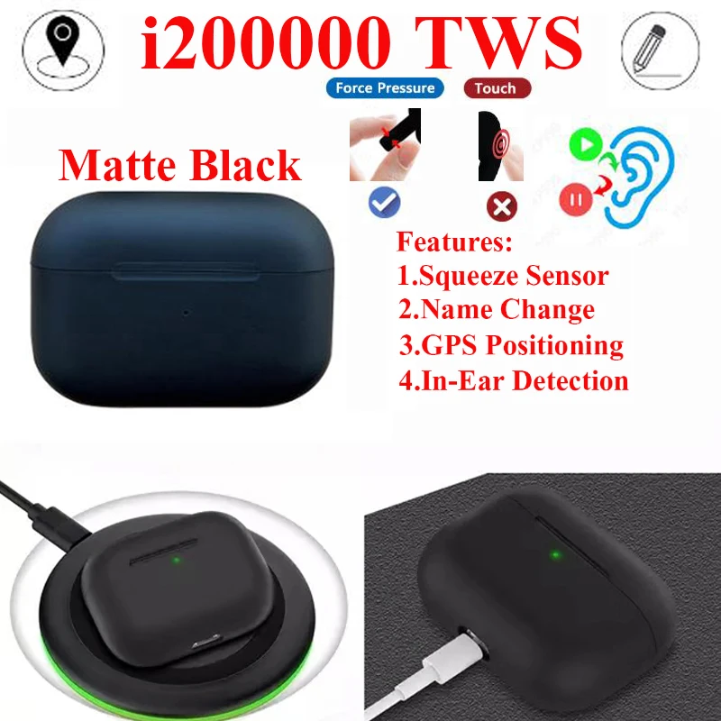 

Original i200000 tws matte black bluetooth earphone Squeeze Sensor Earbuds super copy MY pro3 PK H1 chip i90000 Pro i100000 TWS