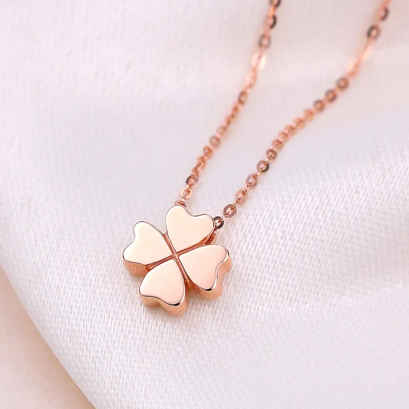 Lucky 4-Leaf Clover Clavicular 18K чистое Настоящее твердое розовое настоящее золото кулон ожерелье набор для женщин Высококлассные Необычные офисные ювелирные изделия