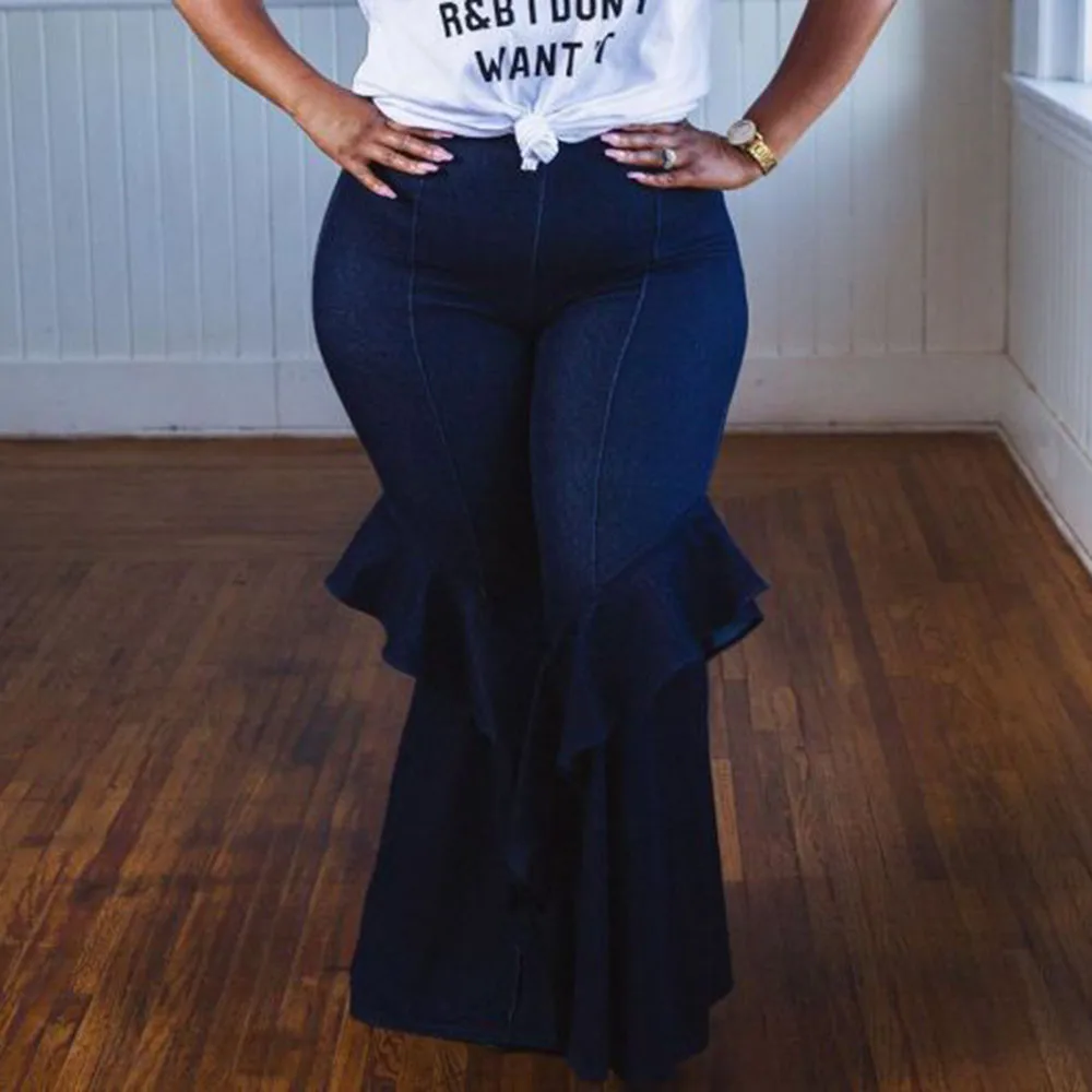 

Women Plus Size Vintage Bell-Bottoms Jeans African Fashion Ladies Ruffles Flare Denim Pants High Waist Wide Leg Trousers Female