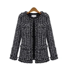 Осенне-зимнее женское пальто элегантное приталенное клетчатое пальто с длинным рукавом женское винтажное официальное твидовое пальто размера плюс с кисточками черное 4XL
