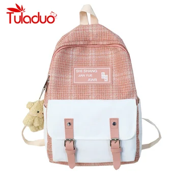 

Fashion Women Canvas Backpack Teenager Cute Hairball Students School Bag Girls Patchwork Large Capacity Shoulder Travel Bag
