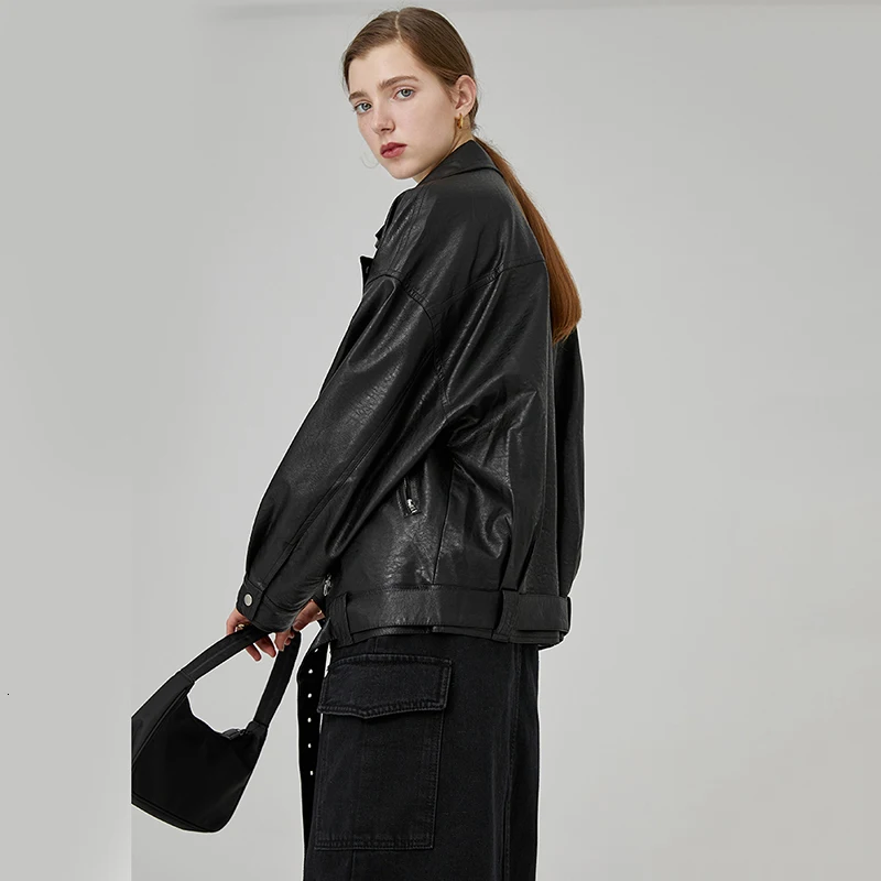 [EAM] Свободная Черная куртка из искусственной кожи с поясом большого размера, новинка, Женское пальто с отворотом и длинным рукавом, модное осенне-зимнее пальто 1D611