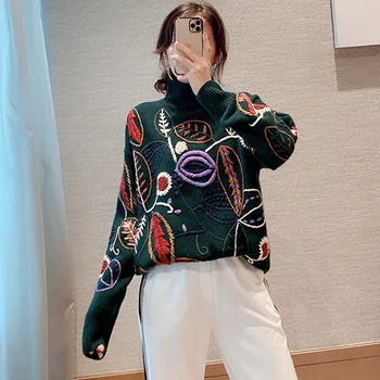 

Winter Women Turtleneck Sweater 2020 Runway Designer Dark Green Leaves Embroidery KNitted Pullover Warm Jumper Boho Sweaters