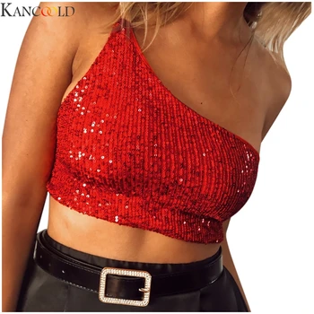 

Women One Shoulder Hot Fashion Sleeveless Vest One-shoulder Sequins Club Fashion Sexy Sling Crop Tank tops Summer Clothes