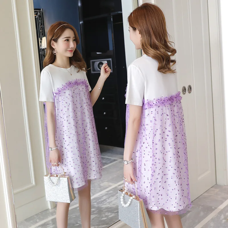 

Maternity Clothes 2019 Summer New Style Korean-style Fashion Mock Two-Piece Short Sleeve T-shirt Joint Gauze Pregnant Women Dres