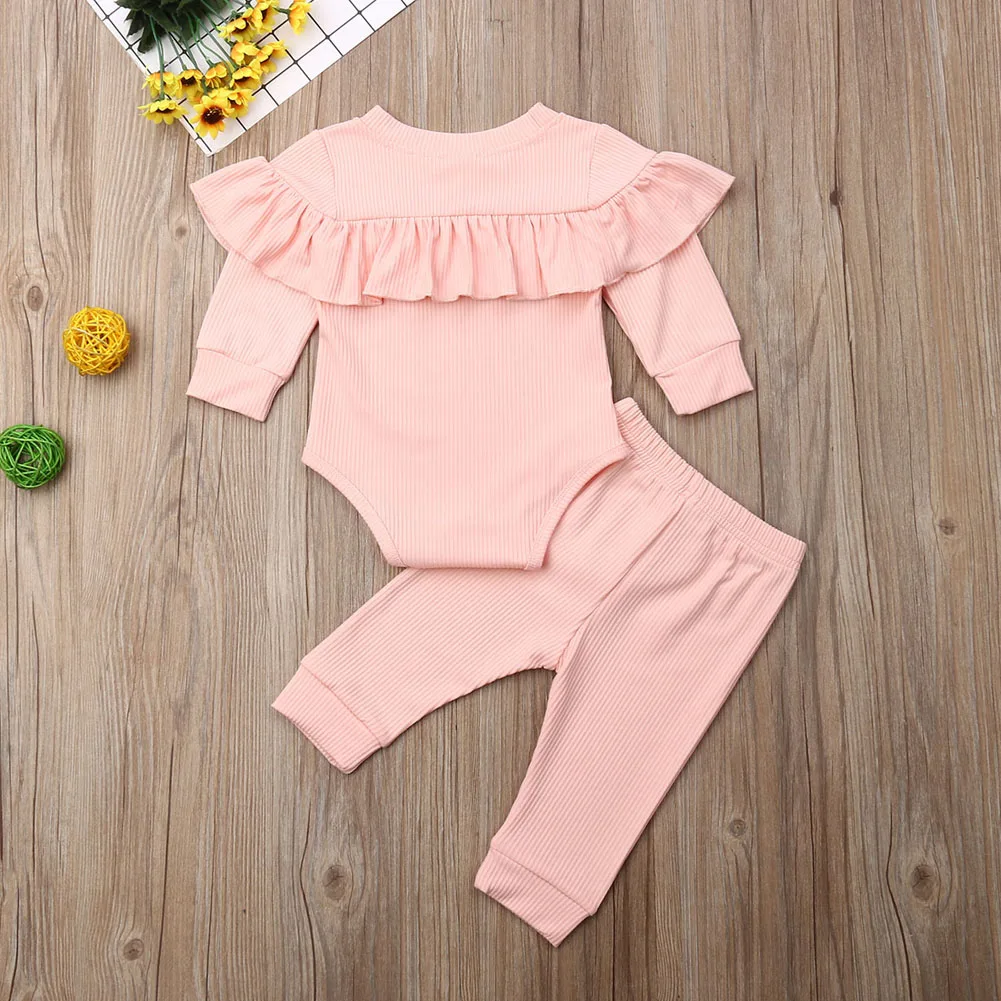 Осенняя одежда Одежда для новорожденных девочек однотонный комбинезон с оборками и штаны комплект одежды из 2 предметов для детей от 0 до 24 месяцев