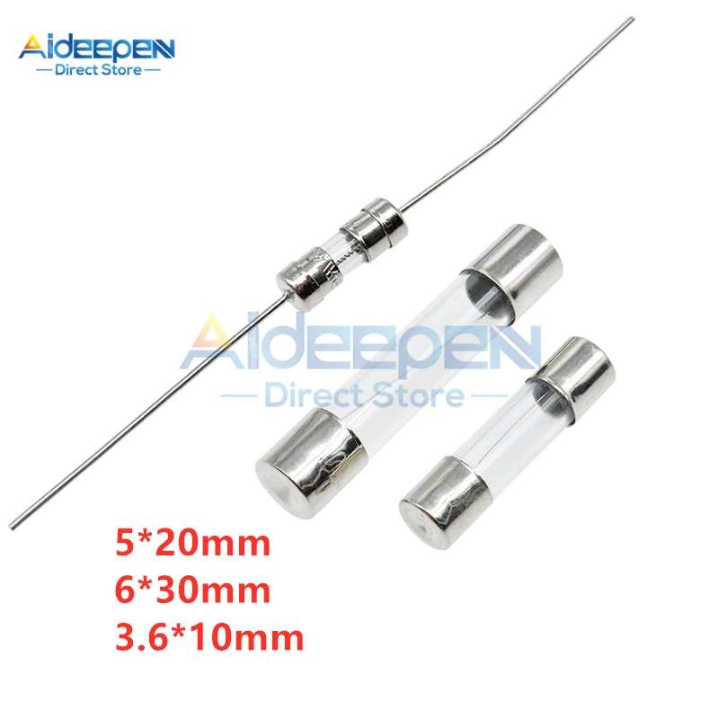 10 шт./лот 3,6x10 мм 6x30 мм 5x20mm Fast Стекло предохранитель 0.5A/1A/1.5A/2A/3A/3.15A/4A/5A/6.3A/7A/8A/10A 250V стеклянный трубчатый предохранитель со свинцом