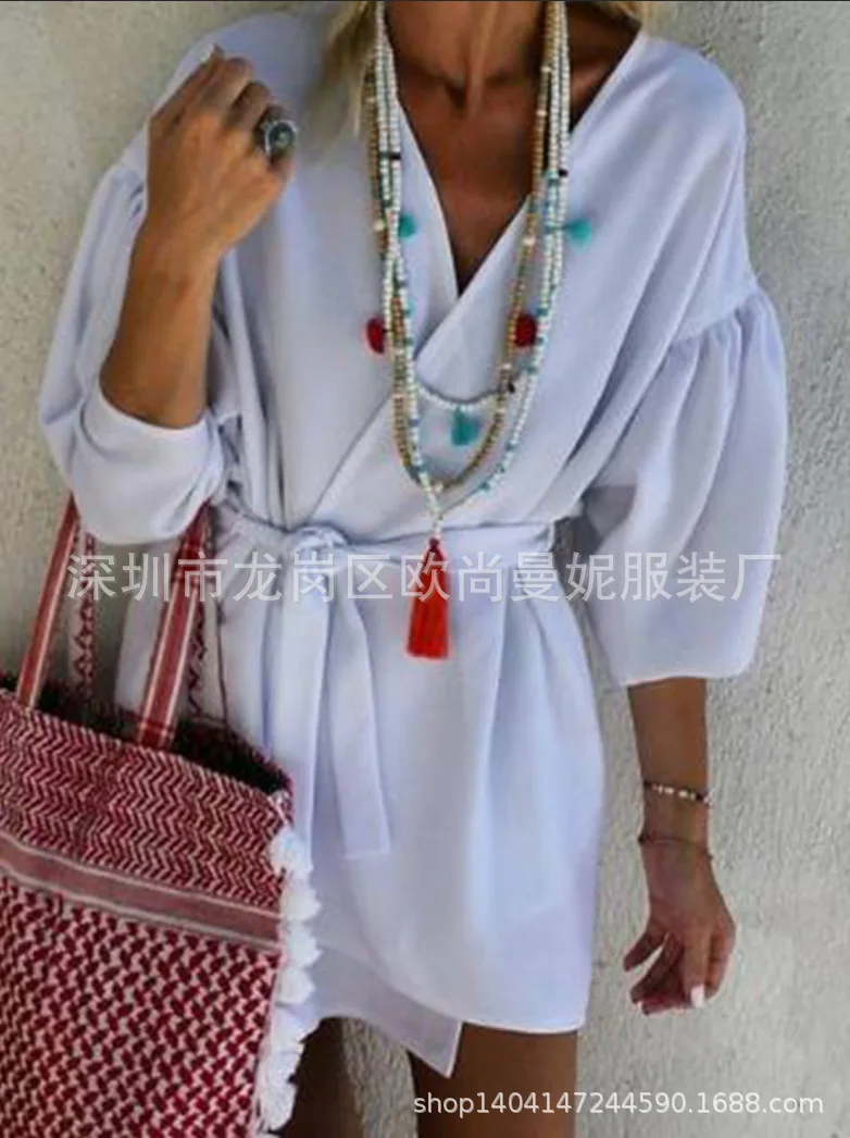 

2019 Europe And America V-neck Half-sleeve Shirt Waist with Drawstring Dress