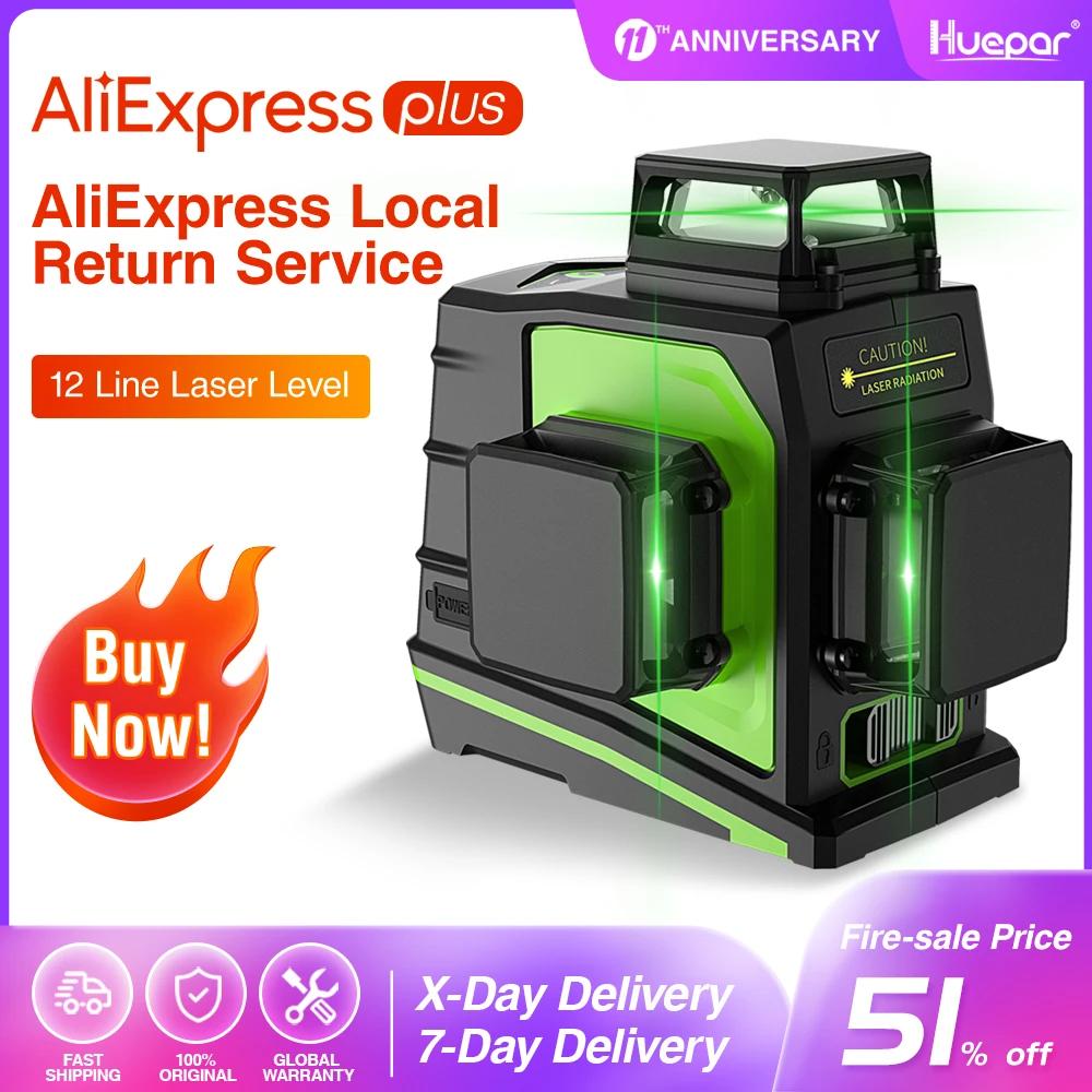 Huepar 3x360 Laser Level 3D Green Beam Self-leveling Cross Line Three-Plane Leveling Alignment Laser Tool USB Charging Port