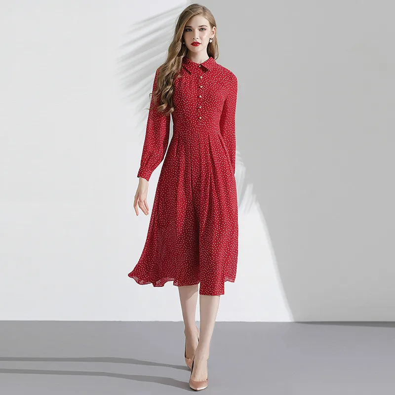 Длинное женское платье, осень M-XXL, новинка, красное, в горошек, маленький отложной воротник, длинный рукав, тонкая талия, элегантное шифоновое платье миди