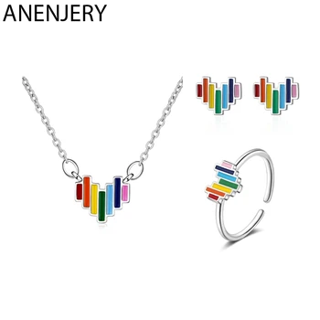 

ANENJERY Rainbow Love Heart Jewelry Set S925 Stamp Silver Color Necklace Earring Ring Wedding Party Exquisite Jewelry Set