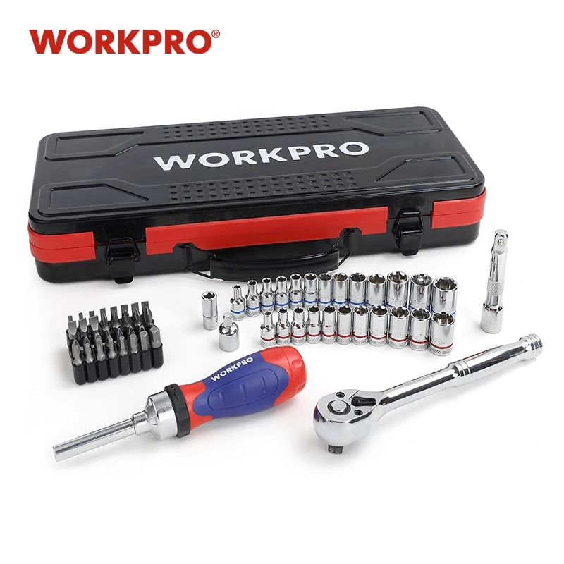 WORKPRO 62 шт. металлический ящик набор инструментов для ремонта автомобиля наборы