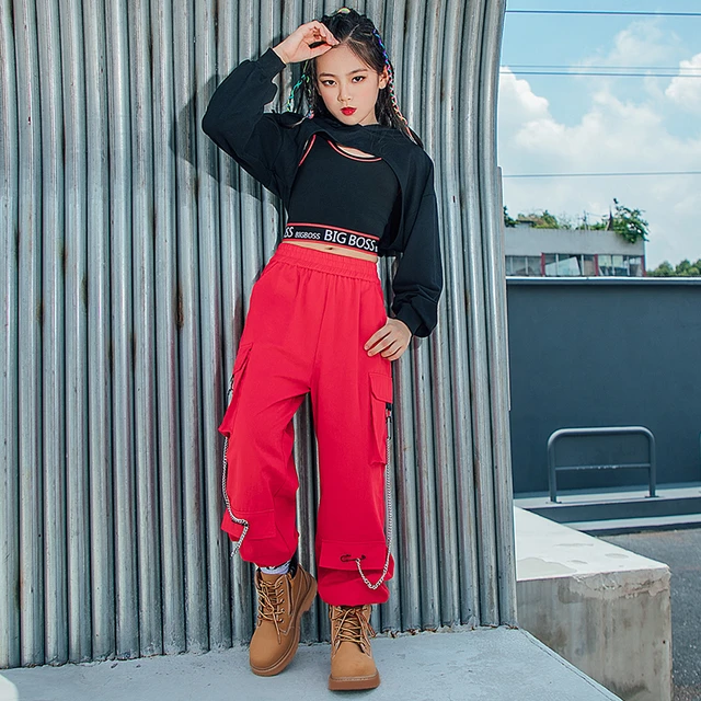 Hip Hop Girls Dance Costume Black Tops Red Cargo Pants Jazz