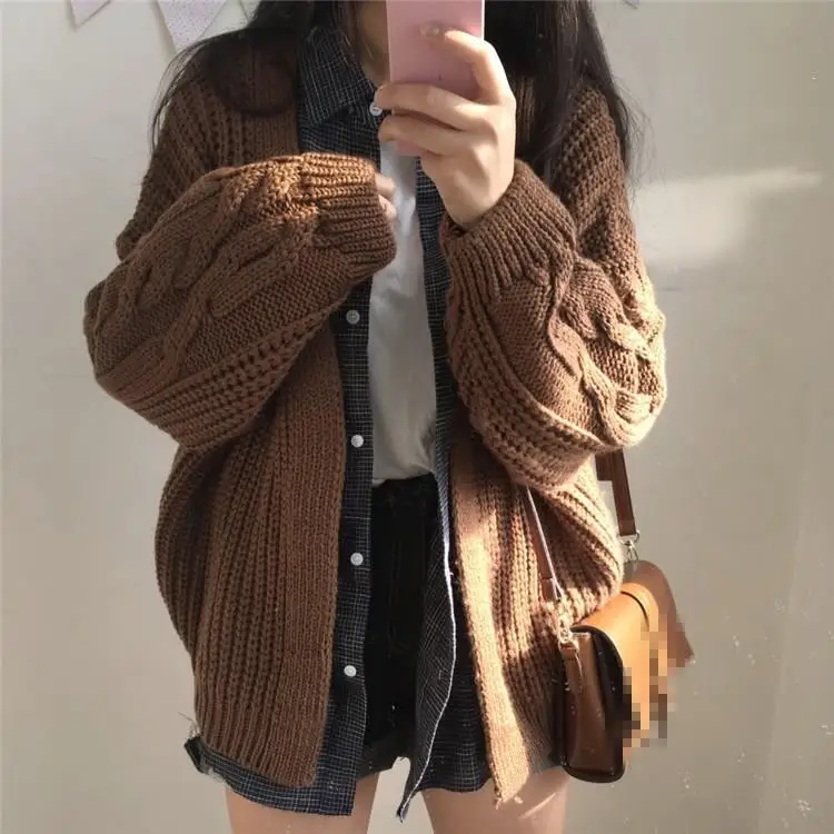 

Women Korean Oversized Harajuku Sweater Coat Retro Cable Open Front Knitted Cardigan Casual V-Neck Autumn Sweater Top