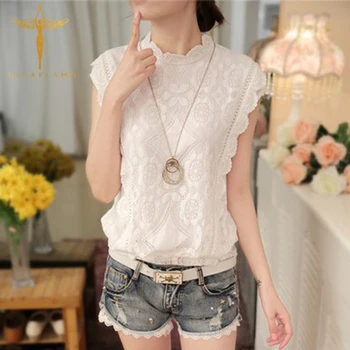 

Irregular Ruffle Splice Lace Women Blouse Summer White Embroidered Loose Basic Shirt Korean Casual Hollow Out Female Clothes