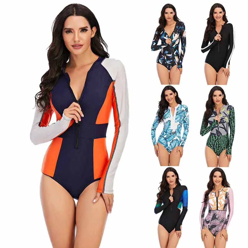 

New Swimsuit Ladies 2020 Rashguard Long Sleeve One Piece Swimsuit UV Protection Print Front Zip Surf Windbreaker Spa Swimsuit