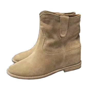 

Stylesowner Genuine Leather British Wedge Heel Kidsuede Height Increased Chelsea Short Boots Beige Short Martin Boots Women