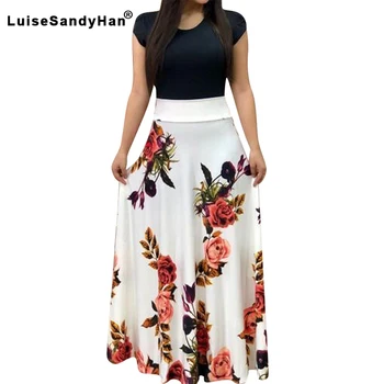 

Girls Flower Print Colorblock Dress Women Striped Round Neck Loose Short Sleeves Without Decoration Dresses Female 2020 Spring