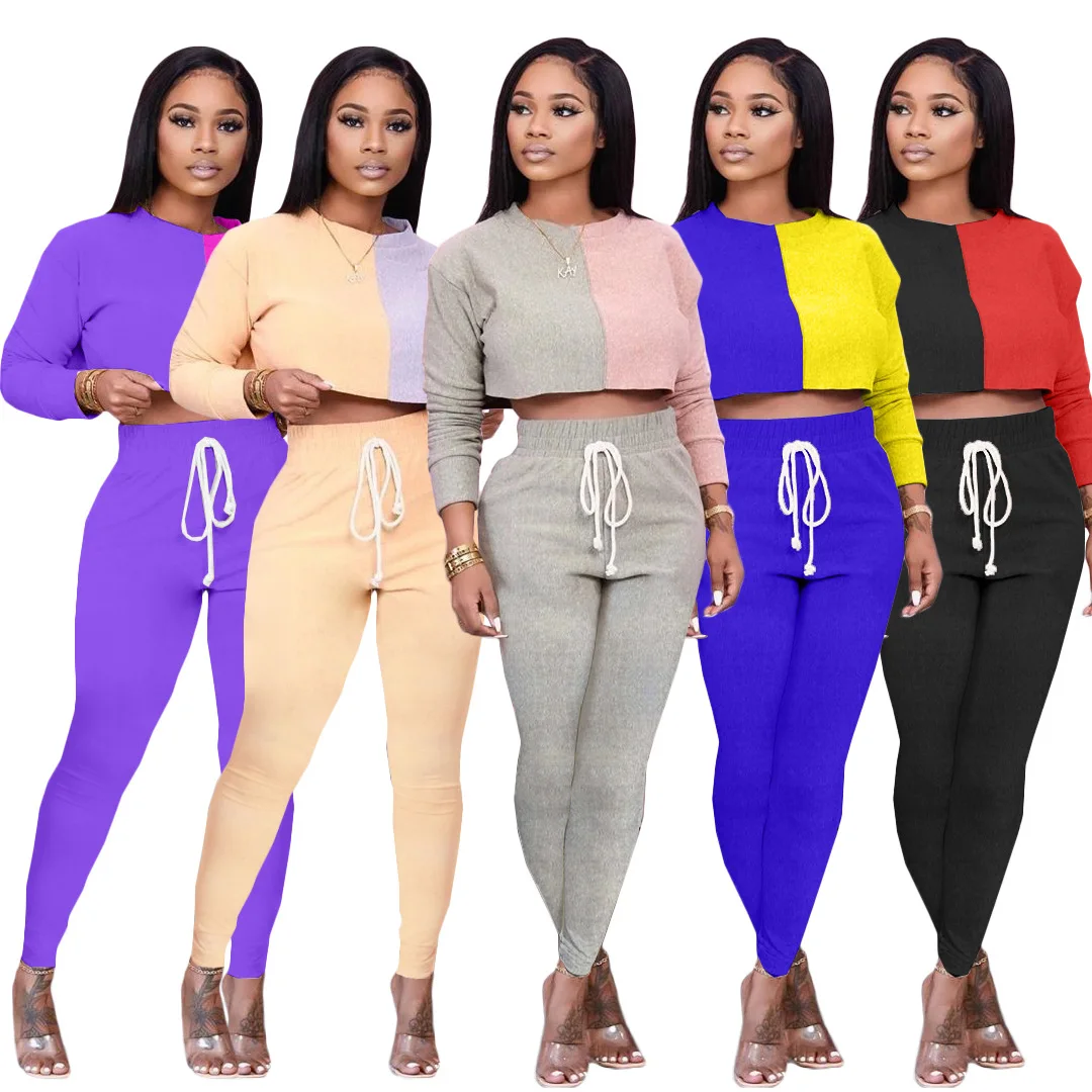 

Echoine Women Two-Piece Set Color Block Patchwork Fashion Casual Sports Short T-Shirt Fitness Long Pants Jogger Active Tracksuit