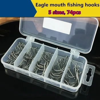 

75pcs Eagle mouth Fishing Hooks Boxed Set Black nickel High carbon steel Sea needle Big Fish Tackle Box Bent barb Jigging tools