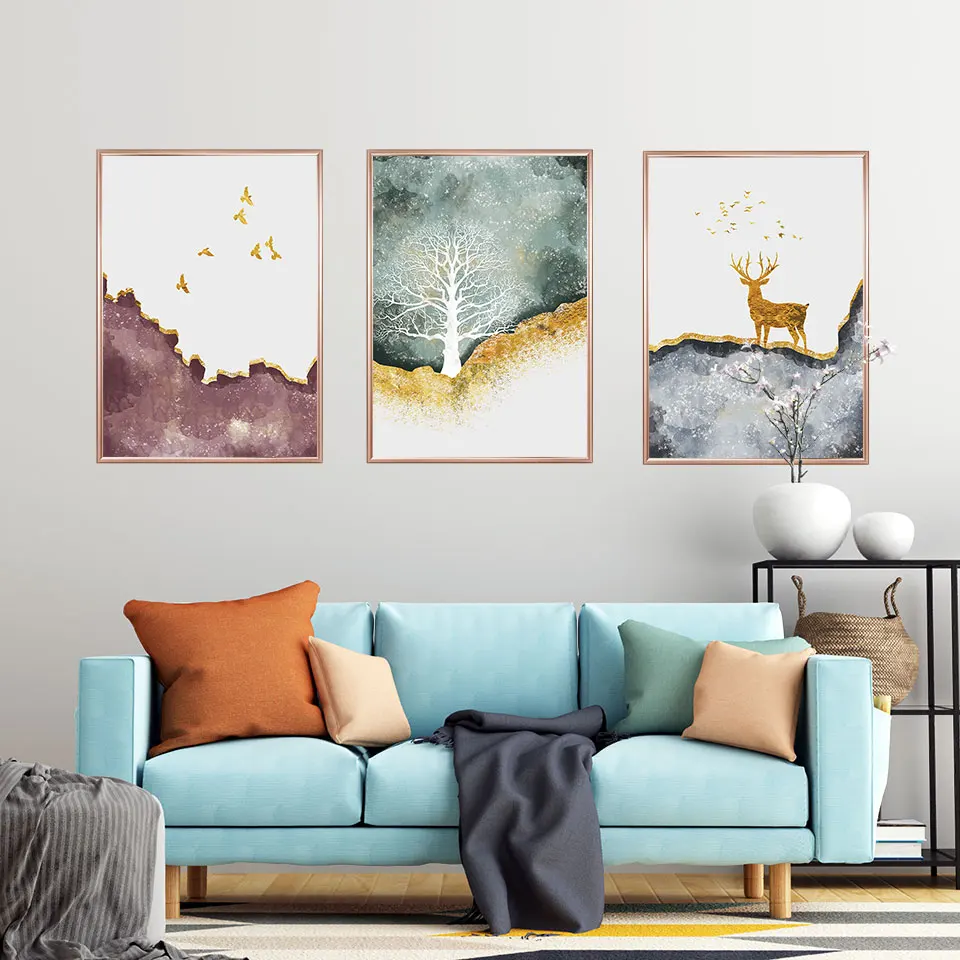 Modern Golden Abstract Deer Tree Bird Wall Art Canvas Painting For Home Decor 