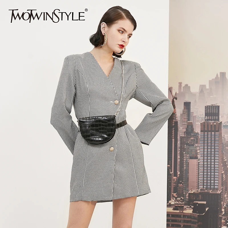 TWOTWINSTYLE Elegant Asymmetrical Plaid Dress Women V Neck Long Sleeve High Waist Mini Slim A Line Dresses Female 2020 Fashion | Женская