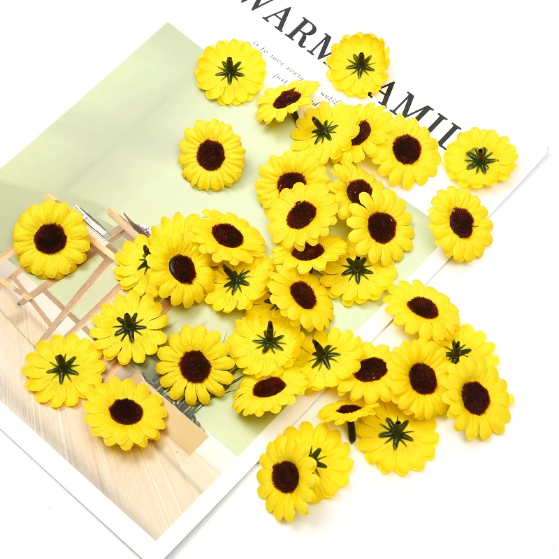 

50pcs/lot 2.5/3/3cm Mini Silk Sunflower Artificial Flowers Head For Wedding Home Decoration DIY Wreath Scrapbooking Fake Flowers