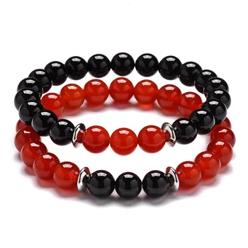 

Natural Stone Red Agates 8mm Round Beads Black Bead Strand Bracelet Men Women Couple Bracelets Jewelry Wholesale TR556