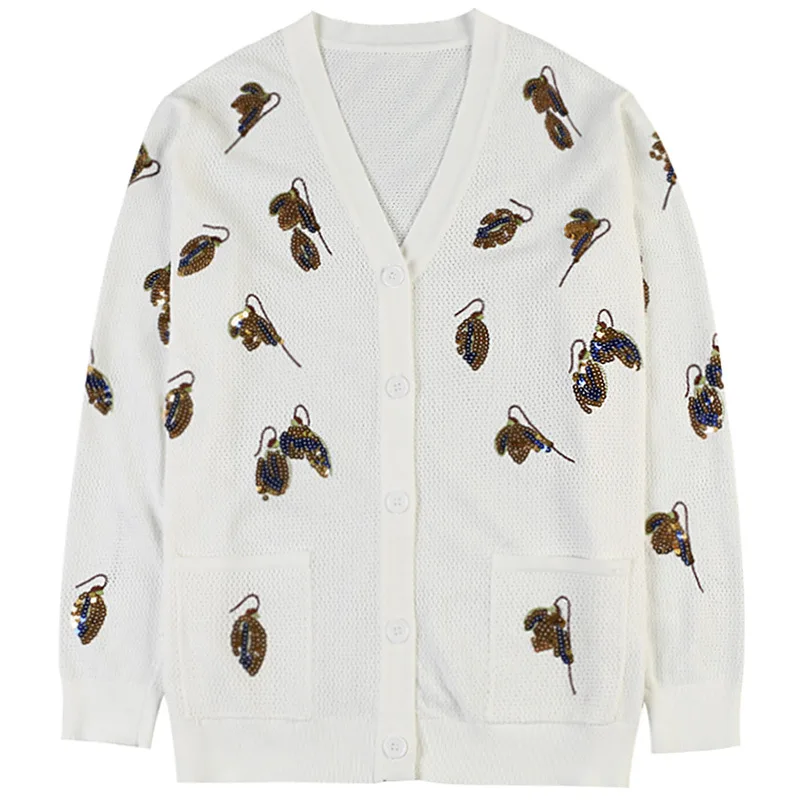 Shuchan вязаный свитер женский тонкий выдалбливают кардиганы v-образный вырез с блестками однотонный однобортный корейский модный топ женские свитера