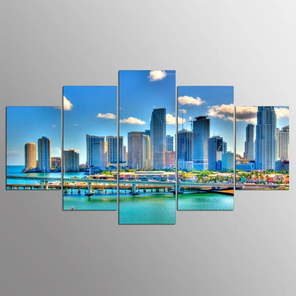 

No Framed Canvas 5Pcs Miami Florida City Downtown Scenery Wall Art Posters Pictures Home Decor Paintings for Kids Living Room