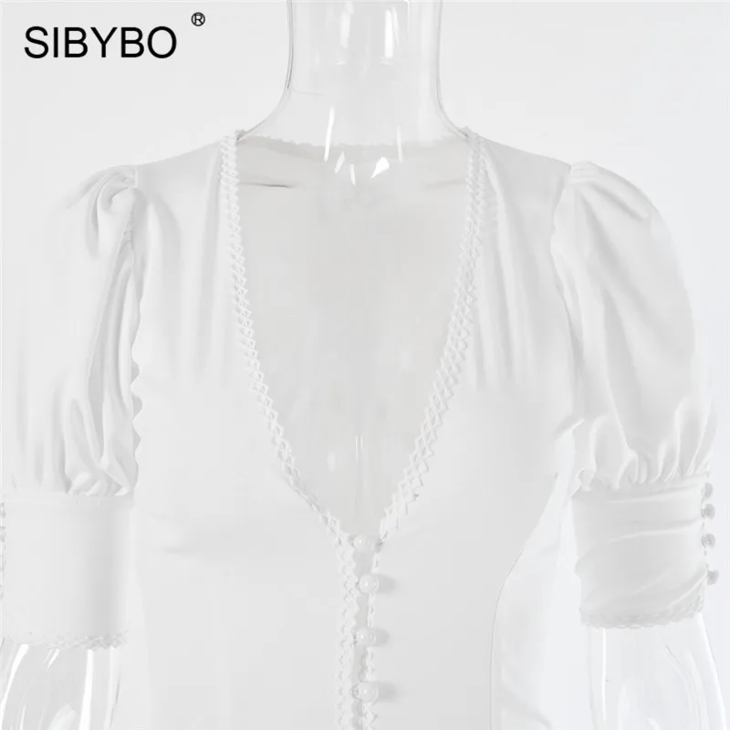 SIBYBO Сплит пуговицы сексуальное облегающее платье с v-образным вырезом короткий рукав летнее платье женское белое осеннее повседневное облегающее платье