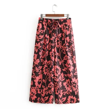 

2020 spring and summer new casual loose elastic waist drape with bow adjustment printed loose wide leg pants