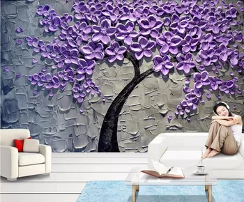 

CJSIR Custom Wallpaper Purple Money Tree Oil Painting Three-dimensional Knife Painting Rich Tree TV Background 3d Wallpaper