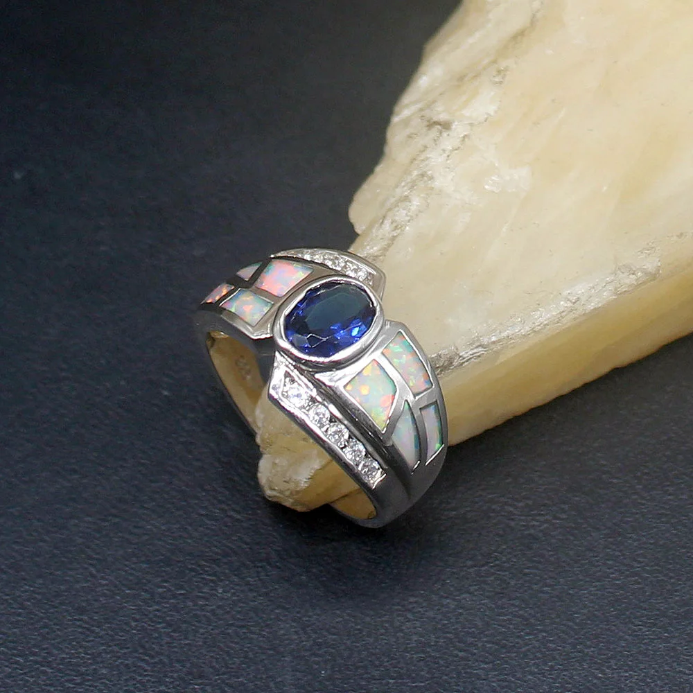 

Hermosa White Opal Blue Sapphire Wonderful Genuine 925 Silver Band Ring Wedding Engagement Gifts for Women Size 7# 20214333