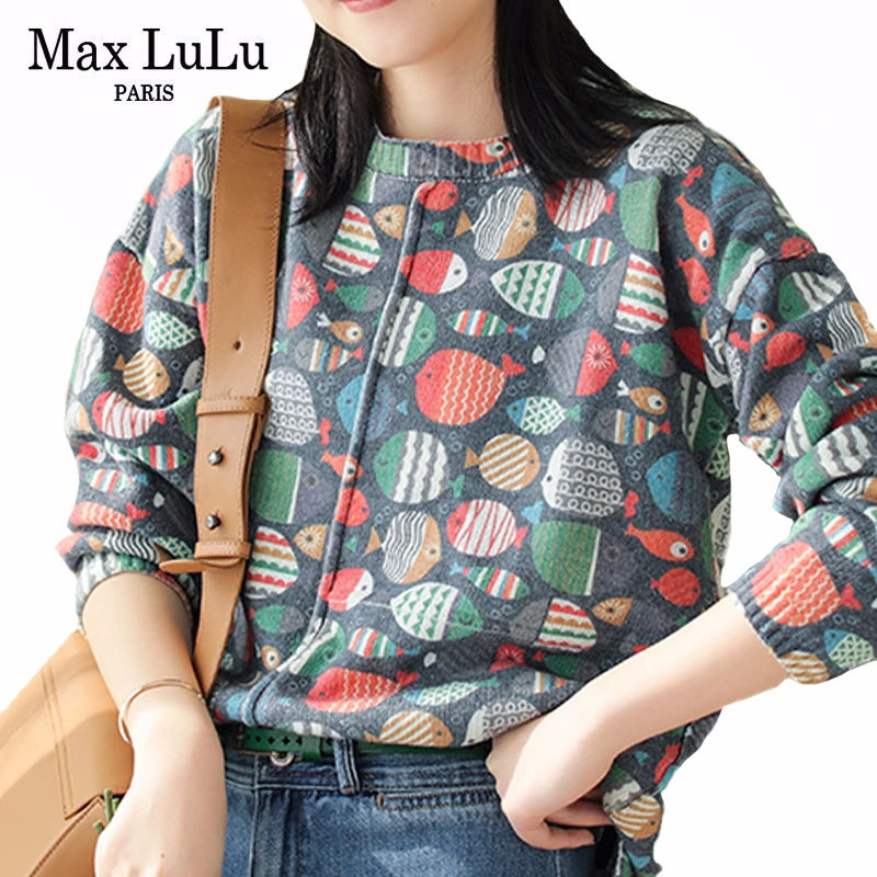 

Max LuLu 2020 Spring Korean Fashion Style Ladies Loose Pullovers Womens Casual Printed Sweater Female Loose Oversized Knitwears