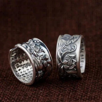 

990 Pure Silver Buddhistic Sutra Lotus Flower Open Rings for Women Men Lovers Religious Jewelry Gift