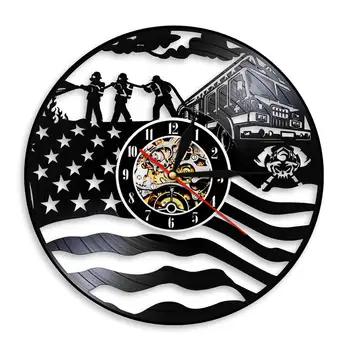 

Firefighting Rescue Wall Art Helmet Axes Crossed Design Fireman Vinyl Record Wall Clock American Flag Firemen Retirement Gift