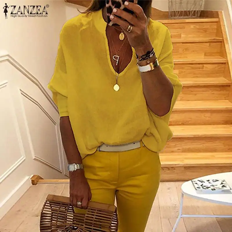 

2019 Summer ZANZEA Women Shirts Blouses Casual Long Sleeve Solid Tunic Tops Ladies Work Blusas Cotton Chemiser Mujer Plus Size