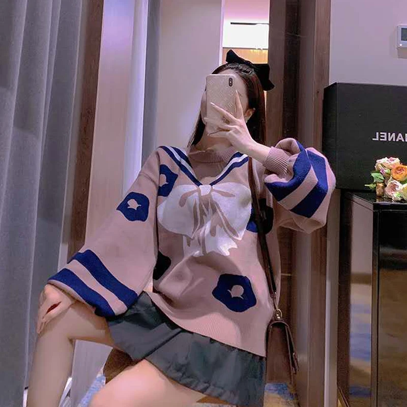 

Women'S Knitting Pullover 2020 Spring Autumn Korean Loose Long Sleeve Sweater Tops Japanese Vintage Printing Ladies Knit Sweater