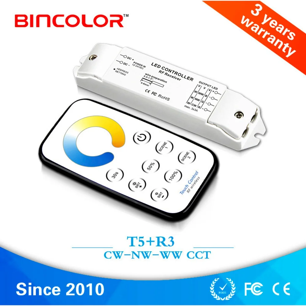 Bincolor T5+ R3 CCT сенсорный контроллер CW-NW-WW Светодиодная лента контроллер RF беспроводной пульт дистанционного DC12V-24V 5A* 3CH