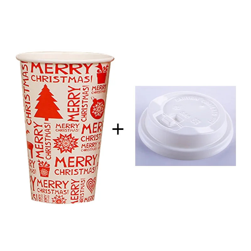 cup and lid 50 шт. высокое качество, год, Рождество, креативные бумажные стаканчики для горячих напитков, одноразовые стаканчики для кофе, молока, чая, сои, посылка на вынос с крышками - Color: cup and lid