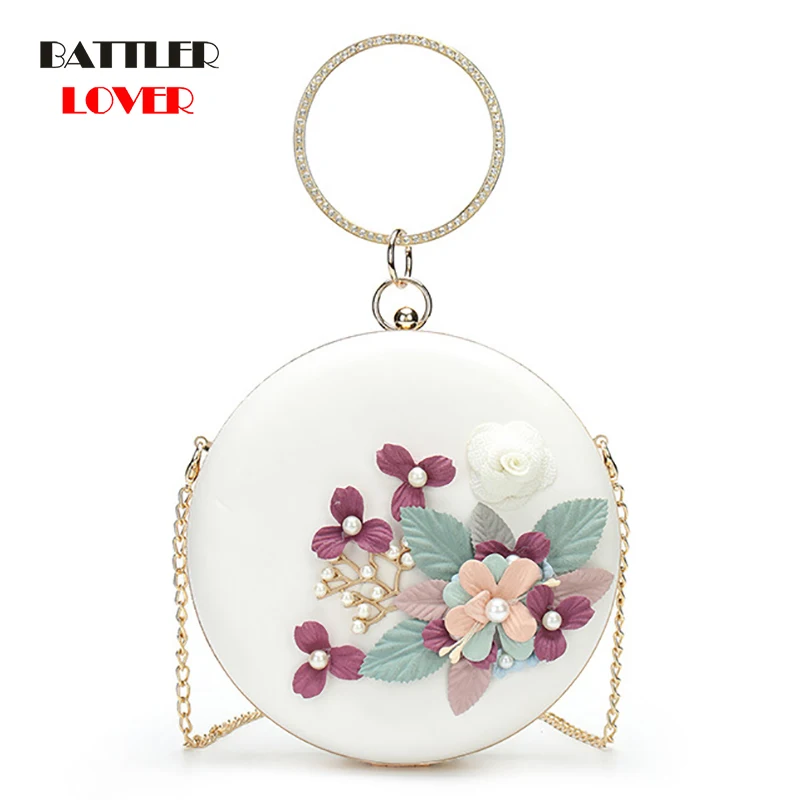 2019 Metal Handle Circular Bag 3D Flower Women Shoulder Bag Girl Round Clutch Evening Ladies Wedding Party Crossbody Handbag